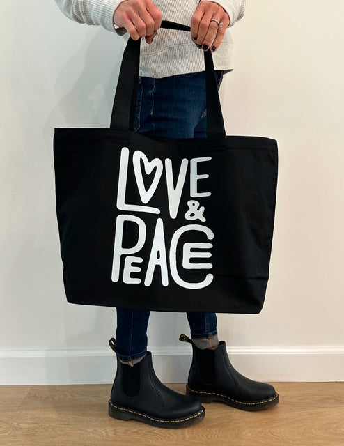 LOVE & PEACE BLACK CANVAS TOTE Main image