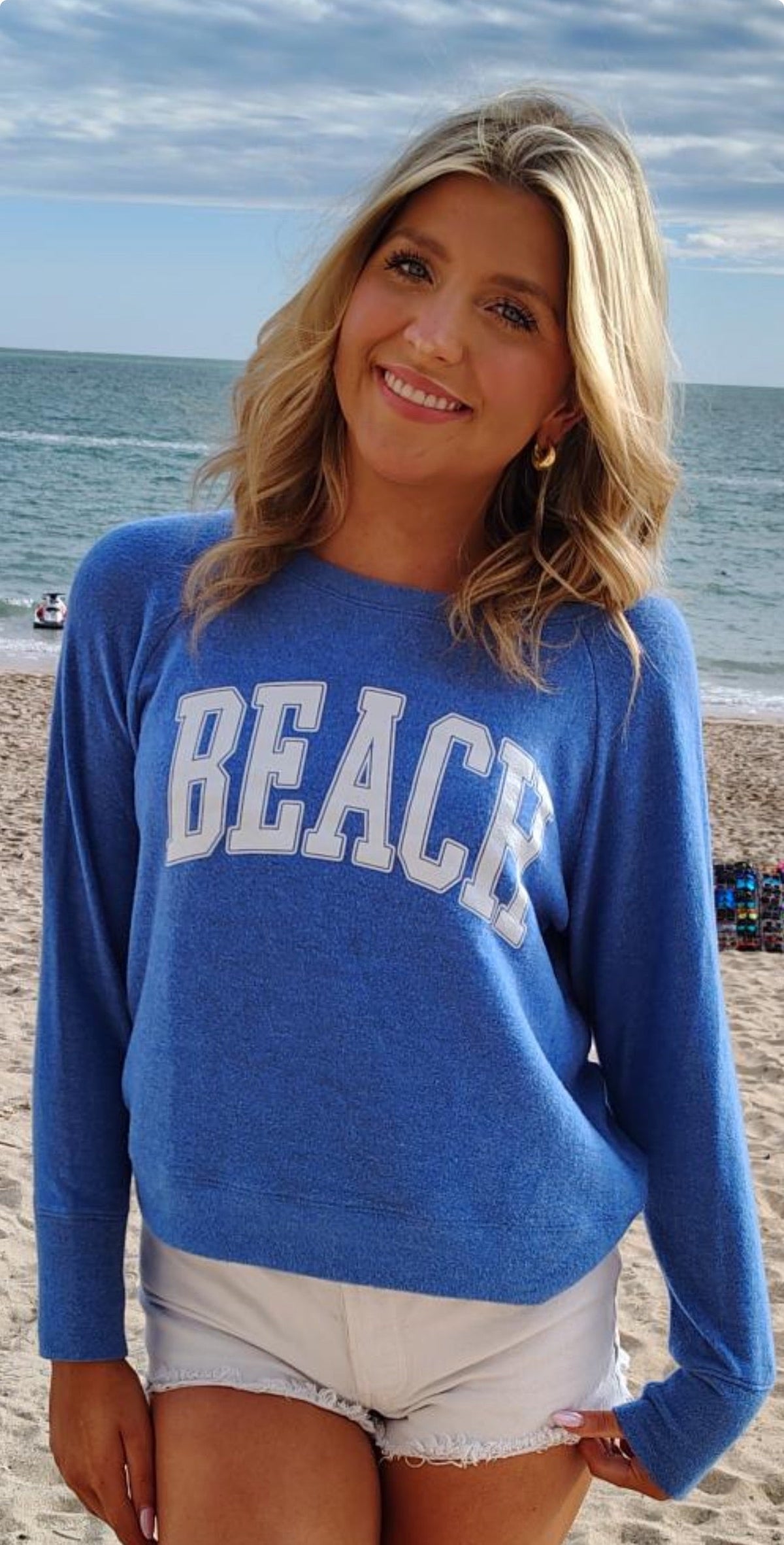 BEACH COLLEGIC LIGHTWEIGHT BRUSHED FLEECE PULLOVER TOP (Blue)