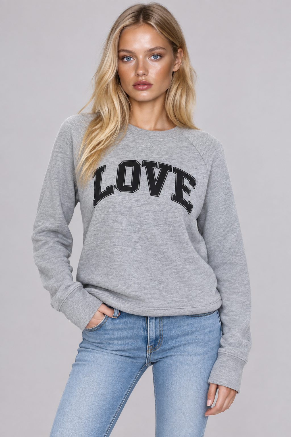 LOVE COLLEGIC OULTLINE LIGHTWEIGHT FLEECE PULLOVER SWEATSHIRT (Grey)