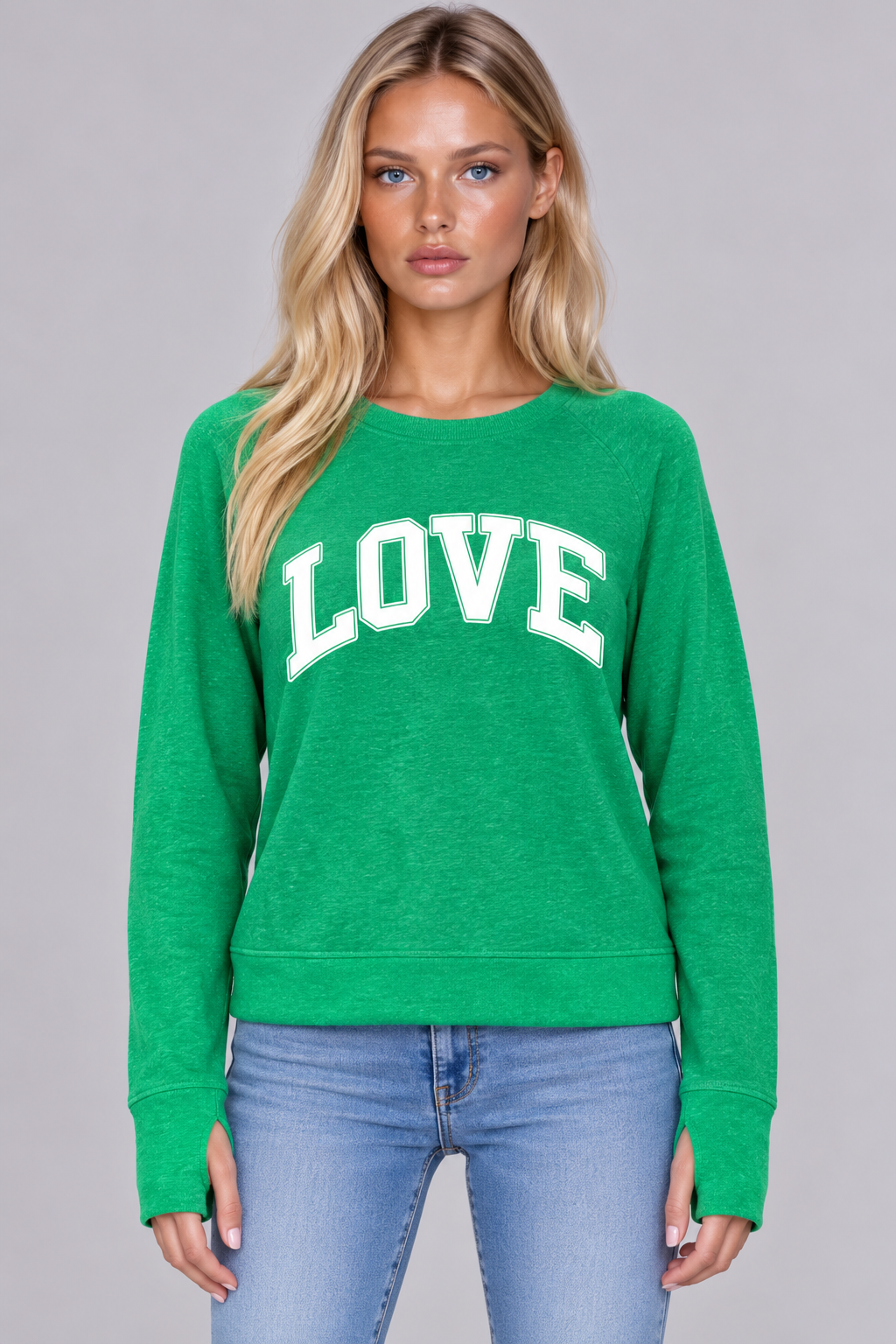 LOVE COLLEGIC OUTLINE LIGHTWEIGHT BRUSHED FLEECE PULLOVER TOP (Green)