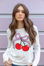 CHERRY BOW LIGHTWEIGHT BRUSHED FLEECE PULLOVER TOP (White)