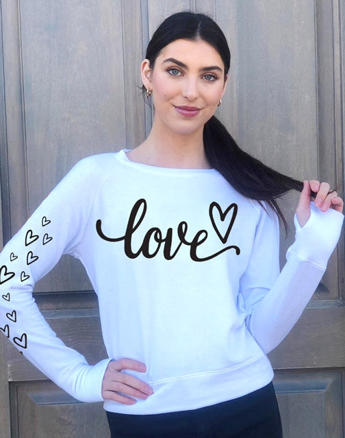 LOVE CURSIVE  L/S FLEECE PULLOVER with HEARTS on Arm (White) Main image