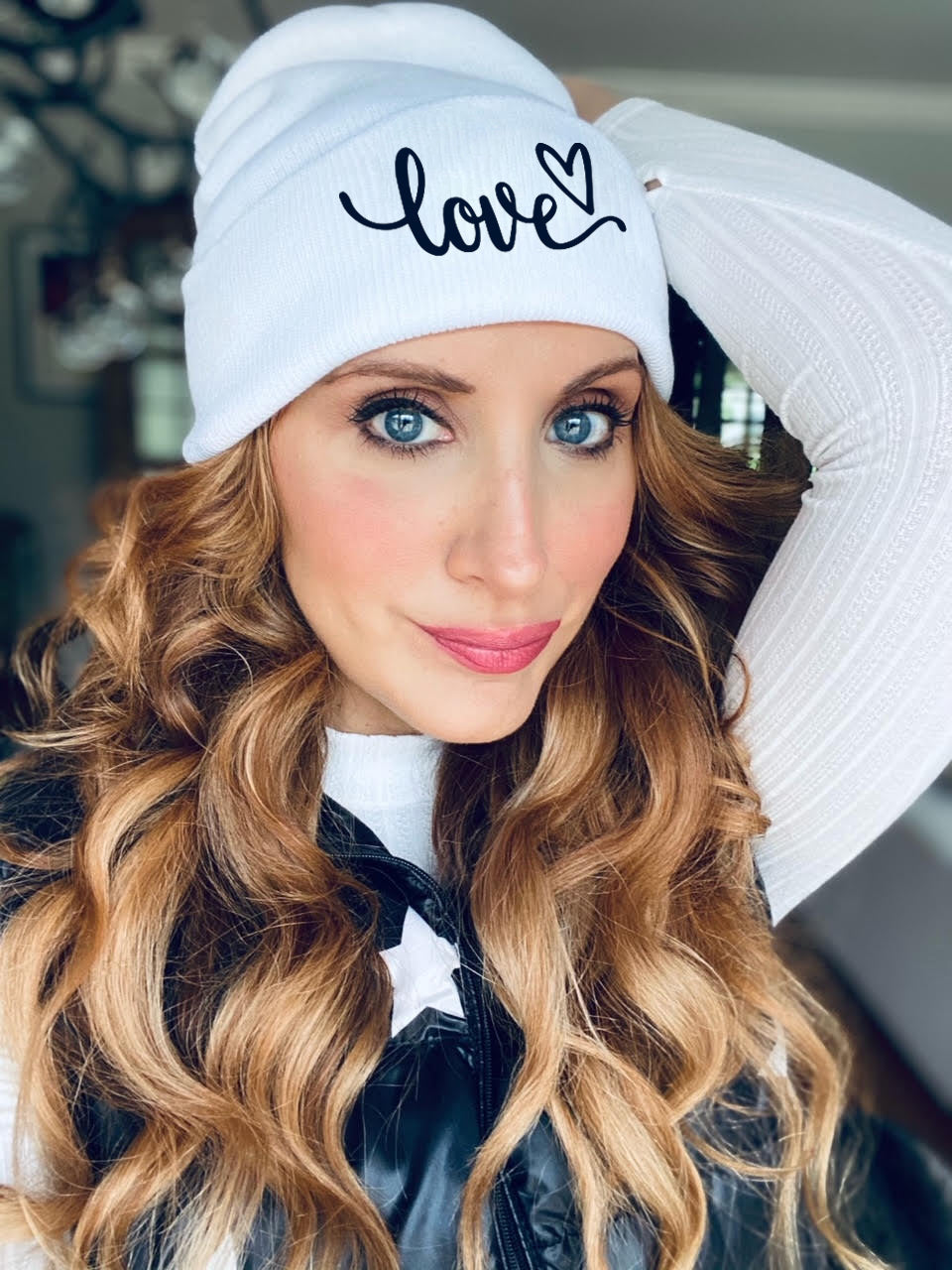 LOVE CURSIVE EMBROIDERED CUFFED KNIT BEANIE  (Winter White))